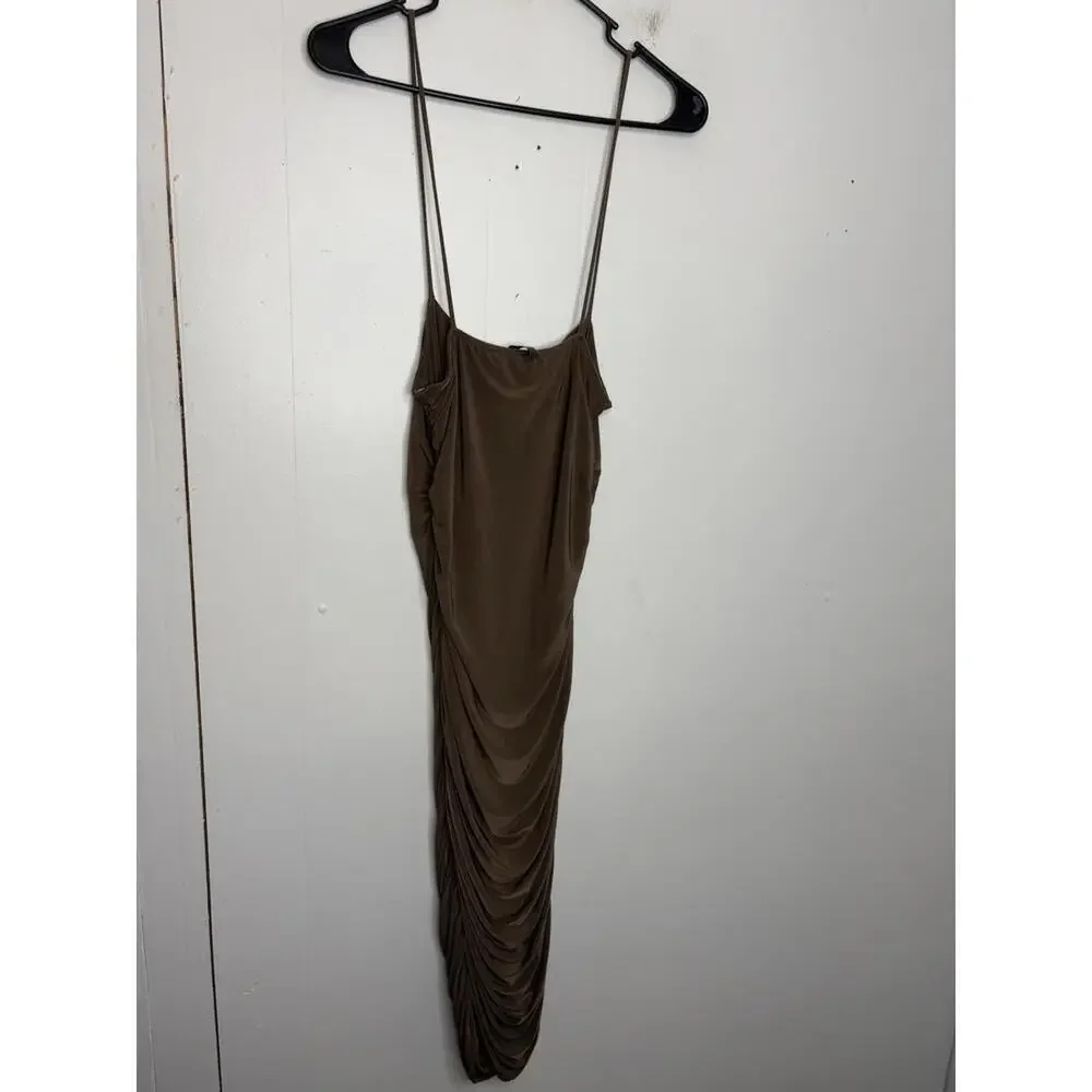 Vintage Dress Womens Medium Ruched Bodycon Stretchy Brown 90s Y2K Baddie Club